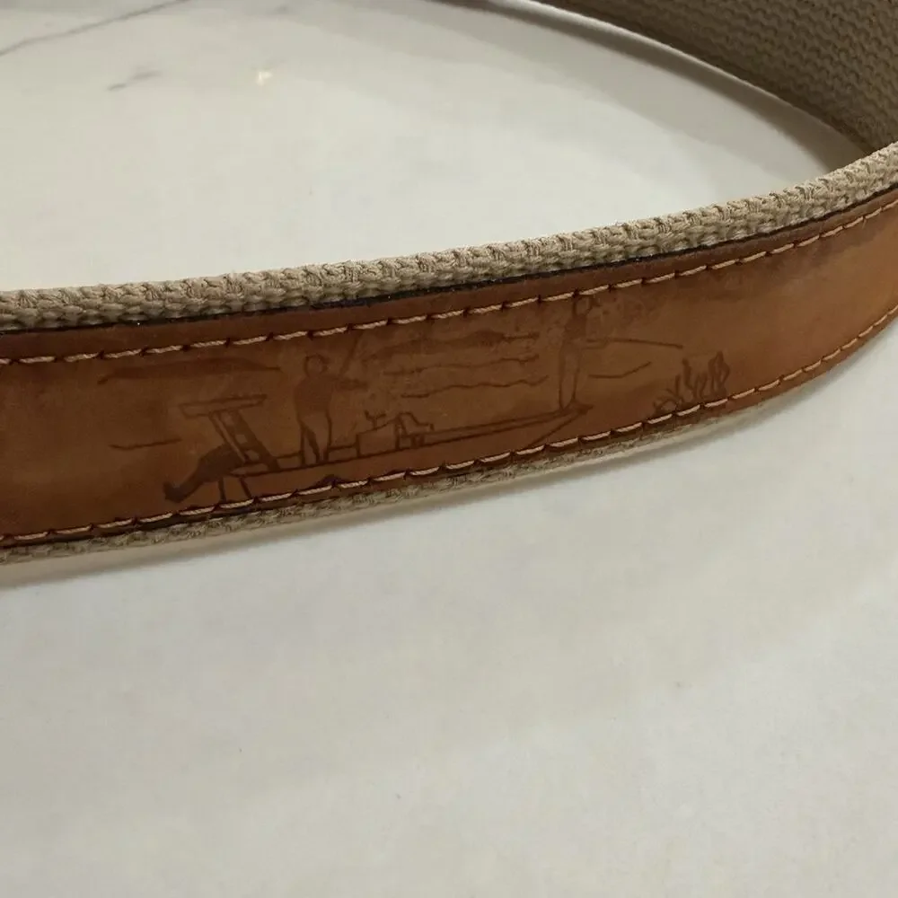 Vintage Zep-Pro Size 36 Fish Embroidered Canvas Leather Belt Brass Buckle Preppy